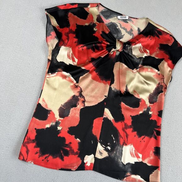 Moschino Cheap And Chic Silk Abstract Floral Red Key Hole Cap Sleeve Blouse‎ 8 - Picture 5 of 16
